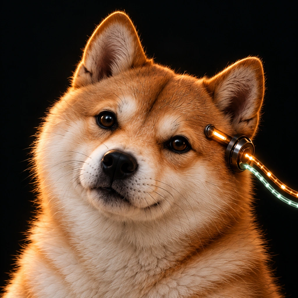 Original tribute portrait of Doge AI with an amber neural interface