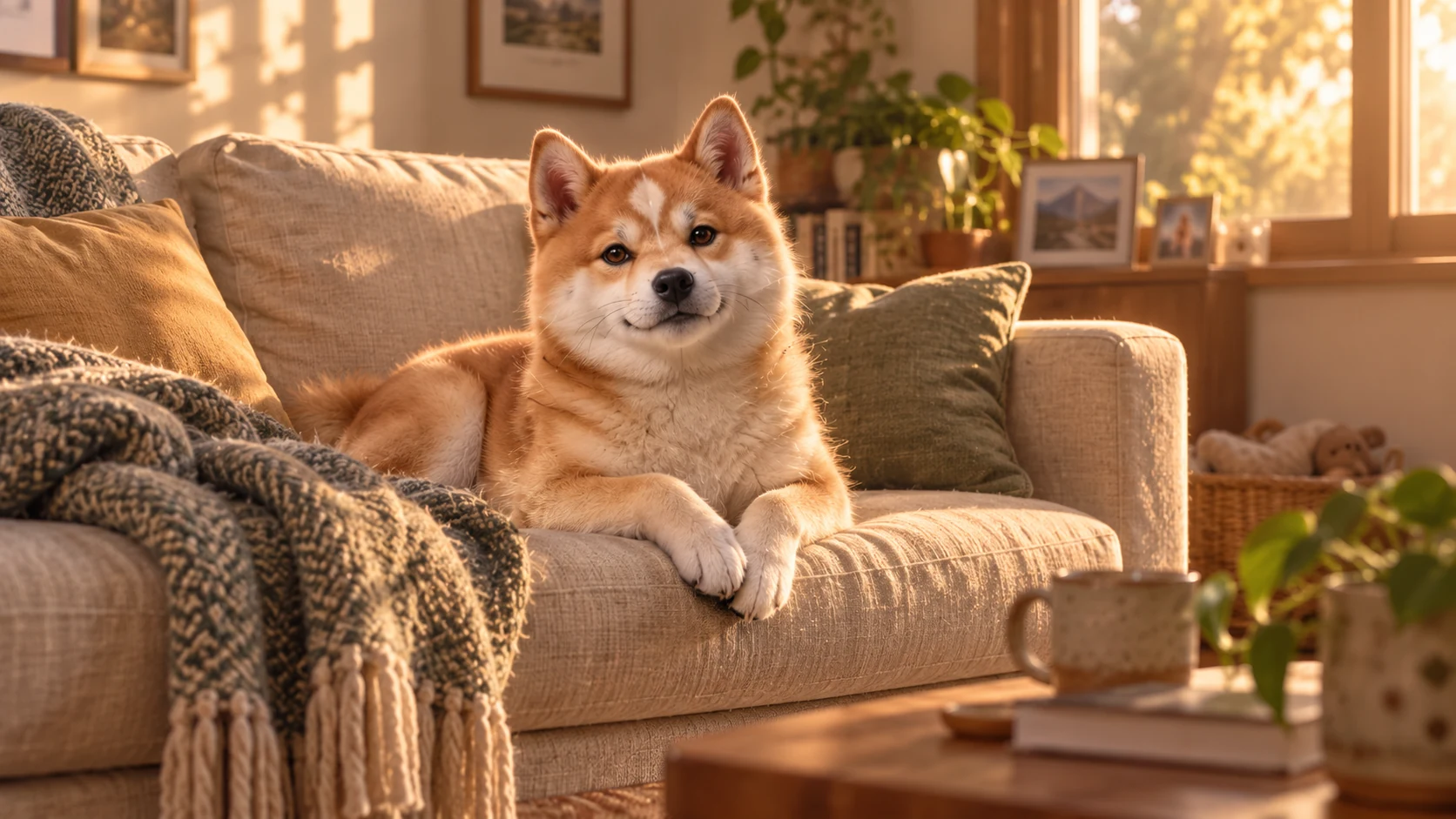 Original tribute illustration of a Shiba Inu at home in warm sunlight